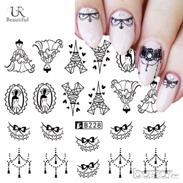 черно бели B228 МОДА чокъри ваденки водни стикери за нокти маникюр, снимка 1