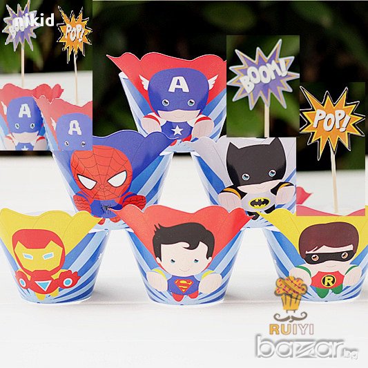 герои Марвел Батман Капитан Америка Отмъстителите Айрън  12 топери и кошнички декорация за мъфини , снимка 1