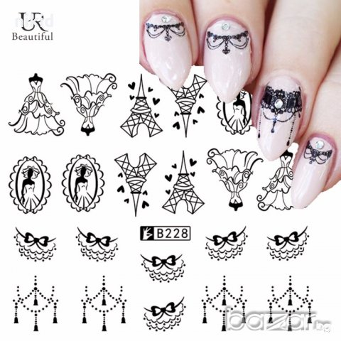 черно бели B228 МОДА чокъри ваденки водни стикери за нокти маникюр