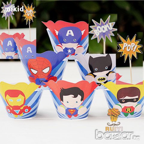 герои Марвел Батман Капитан Америка Отмъстителите Айрън  12 топери и кошнички декорация за мъфини 