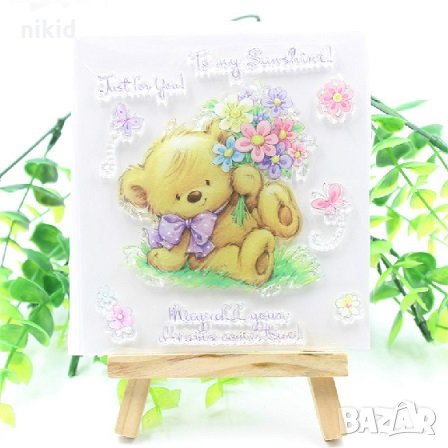 Мече с букет цветя силиконов гумен печат декор украса бисквитки фондан Scrapbooking