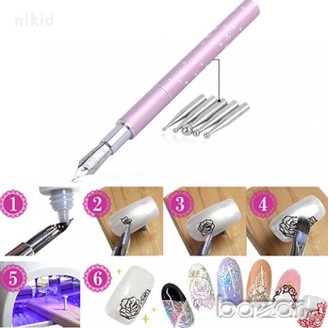 Писалка писец за гел акрил лак тип четка 5 приставки накрайник точкатори комплект рисуване маникюр 