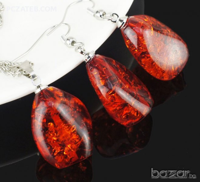 Комплект колие и обеци "Червен кехлибар", снимка 1