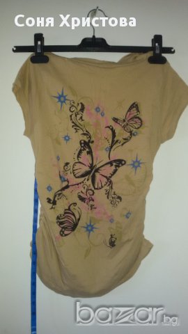 Дамска тениска С/М бежова, пеперуди, памук, без следи от употреба, снимка 3 - Тениски - 14036339
