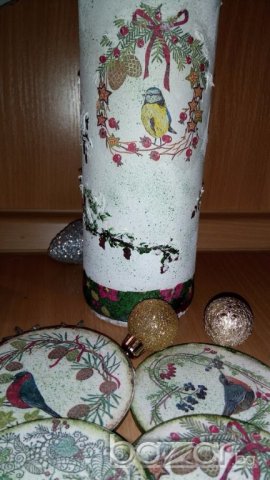 Бутилки с декупаж Коледа, снимка 9 - Декорация за дома - 19831540