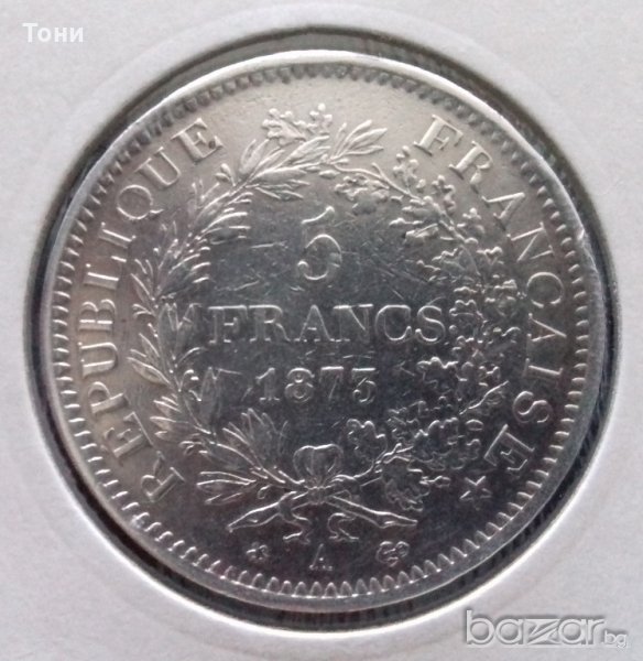  Монета Франция - 5 Франка 1873 г. Сребро, снимка 1