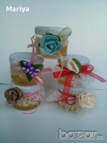  Сватбени подаръчета - декорирано бурканче мед, снимка 5 - Сватбени аксесоари - 10235792