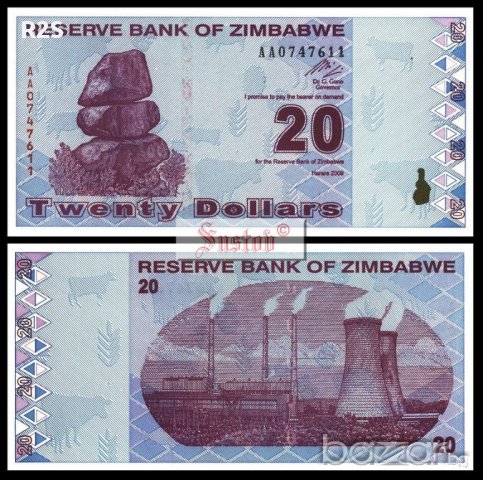 ЗИМБАБВЕ ZIMBABWE 20 Dollars, P95, 2009 UNC, снимка 1 - Нумизматика и бонистика - 8673267
