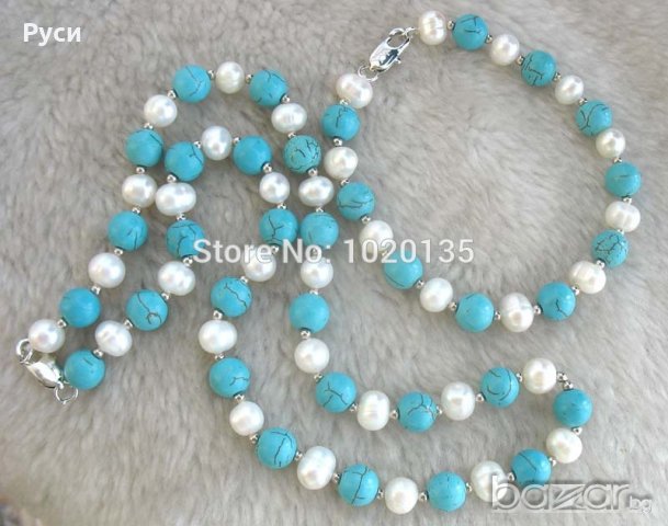 Огърлица + гривна от перли и тюркоаз, снимка 2 - Бижутерийни комплекти - 20986114