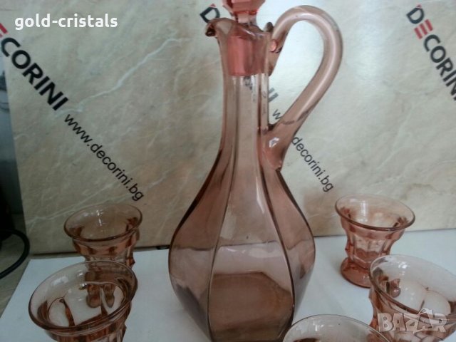 Ретро стъклени чаши и гарафа цветно розово стъкло , снимка 9 - Антикварни и старинни предмети - 26203494