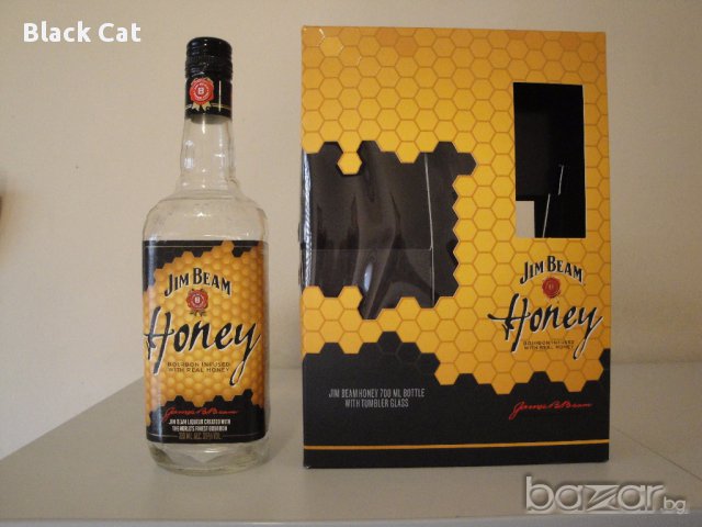 Празна колекционерска бутилка / шише от бърбън уиски Jim Beam Bourbon Honey, картонена кутия,алкохол