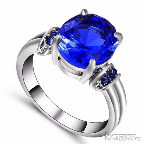Пръстен със сини циркони, бяло родиево покритие, снимка 1