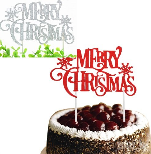  Merry Christmas Весела Коледа червен и сребрист мек брокатен топер клечка украса декор за торта, снимка 1