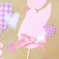 Розов ангел с ореол с панделка картонен топер украса декор за торта мъфини кръщене пита, снимка 1 - Други - 24728068