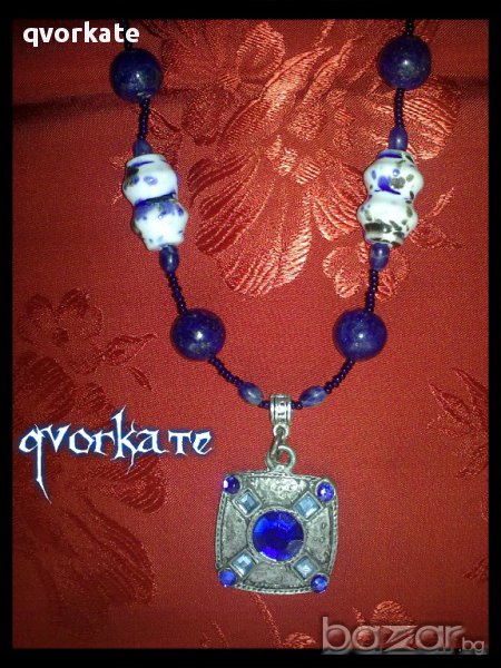 Колие с плочка-от лазурит,керамика,метални елементи, снимка 1