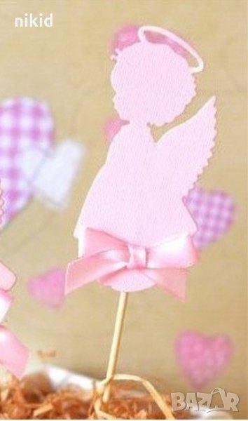 Розов ангел с ореол с панделка картонен топер украса декор за торта мъфини кръщене пита, снимка 1