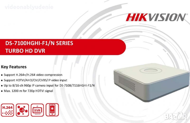 Hikvision DS-7104HGHI-F1-S 1080P HD-TVI,HD-CVI/AHD 4 Канален DVR с Аудио и Видеосигнал по Един Кабел, снимка 1