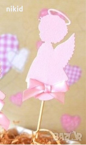 Розов ангел с ореол с панделка картонен топер украса декор за торта мъфини кръщене пита