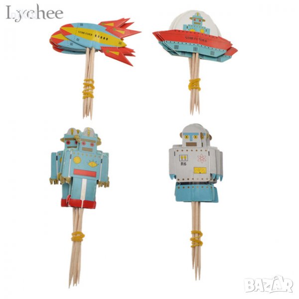 Роботи Космос Ракета 24 бр топер клечки за мъфини декорация рожден ден парти, снимка 1