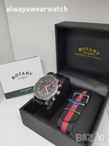 Rotary Aviator Chrono - Red / чисто нов часовник Ротари Авиатор - 2 бр. каишки / 100% оригинален, снимка 4 - Мъжки - 22835212