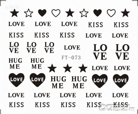 FT-073 love kiss надпис черно бели татос ваденки водни стикери за нокти, снимка 1 - Продукти за маникюр - 16869766