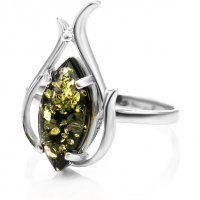 Сребърен пръстен със зелен кехлибар, Родиево покритие, снимка 5 - Пръстени - 25337782