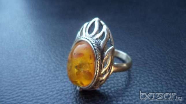 Масивен сребърен пръстен с естествен кехлибар, снимка 1