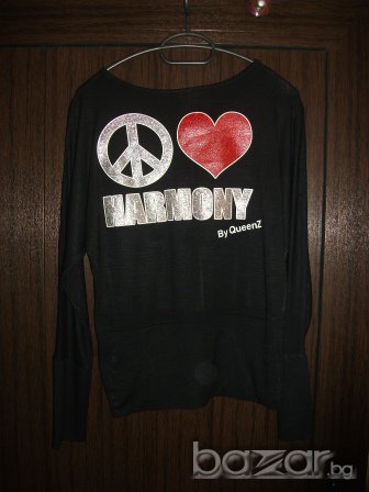 Черна блуза с дълъг ръкав и щампа сърце, снимка 1 - Блузи с дълъг ръкав и пуловери - 7954956