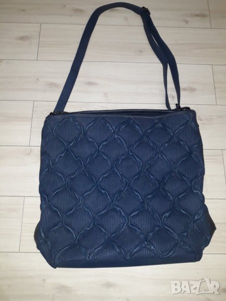 Голяма тъмносиня кожена чанта с къси дръжки , снимка 1