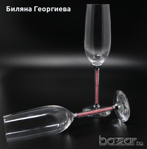 Ритуални чаши за шампанско със розови кристалчета в столчето, реплика на Сваровски, снимка 1
