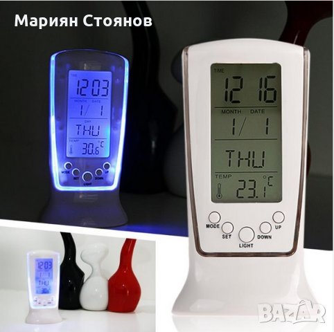 Дигитален настолен часовник термометър за стая бюро електронен LED календар аларма, снимка 2 - Други - 25235211