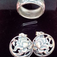 Сребърен комплект обеци  и пръстен Лотос Проба S990, код 0512, снимка 1 - Бижутерийни комплекти - 12968780