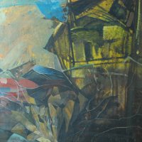 Стара картина,абстракция,пейзаж,български автор,1960-те год., снимка 2 - Картини - 22825608