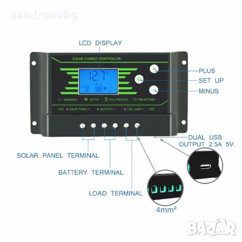 Контролер 30А LCD дисплей с подсветка за слънчеви соларни фотоволтаици , снимка 4 - Друга електроника - 22161901