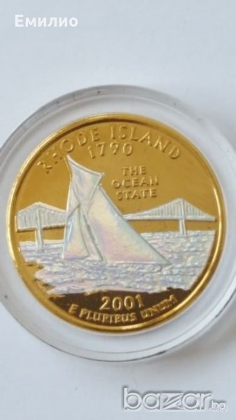State Quarter GOLDEN PLATED 25 cents RHODE ISLAND 1790 ot 2001, снимка 1