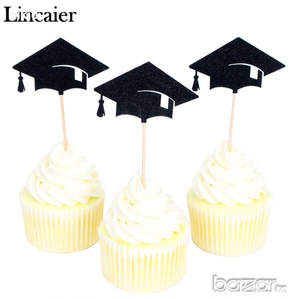 Дипломиране завършване 5 бр абитуриентска шапка тога топер топери клечки за мъфини украса декор, снимка 1