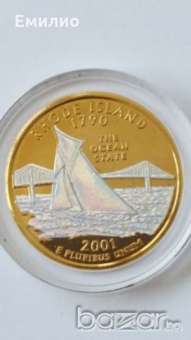 State Quarter GOLDEN PLATED 25 cents RHODE ISLAND 1790 ot 2001, снимка 1 - Нумизматика и бонистика - 19324382
