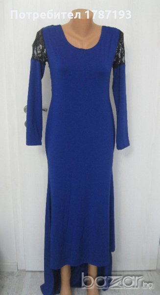 Дълга синя рокля с гол гръб и дантела , снимка 1