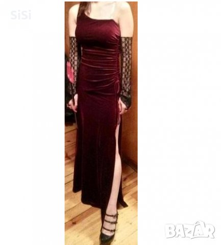 Плюшена вишнево червена рокля с цепка, снимка 2 - Рокли - 22015744