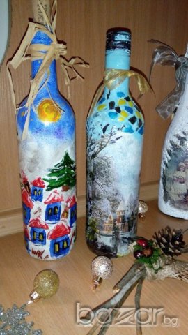 Бутилки с декупаж Коледа, снимка 4 - Декорация за дома - 19831540