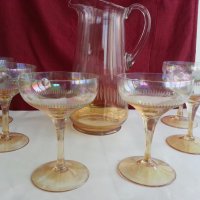 Ретро стъклени чаши за вино кана и чаши перлени и гравирани , снимка 5 - Антикварни и старинни предмети - 20343831