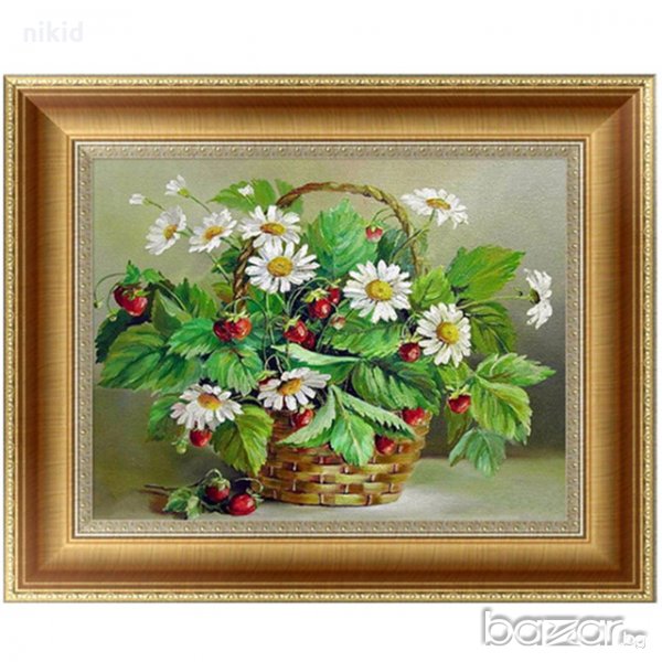 Кошница с ягодки и маргаритки 5D диамантен гоблен картина мозайка за направа по схема с камъчета, снимка 1