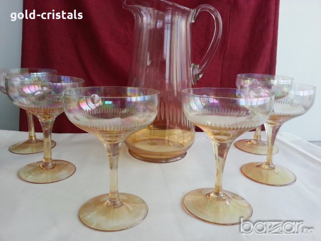 Ретро стъклени чаши за вино кана и чаши перлени и гравирани , снимка 6 - Антикварни и старинни предмети - 20343831