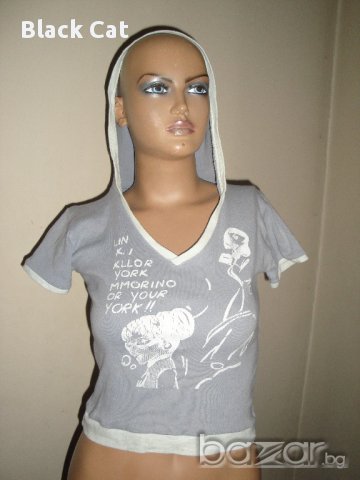 Кокетен сив дамски топ с качулка, суичър, дамска блуза с къс ръкав, тениска, ръкави, дамско бюстие, снимка 4 - Тениски - 9220818