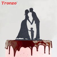 Мъж жена и момченце семейство черен мек брокатен топер на клечка за украса торта сватба декора, снимка 1 - Други - 20551120
