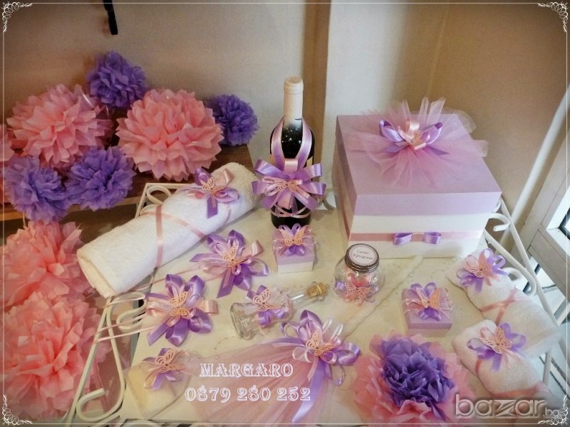 Комплект за кръщене в розово и лилаво с пеперуди, снимка 1