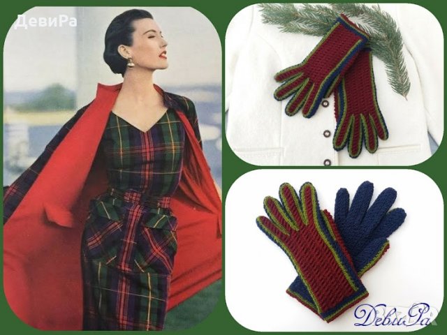 Плетени ръкавици ,,Зимни - сини с бордо горница и зелен контур", снимка 2 - Ръкавици - 24009581