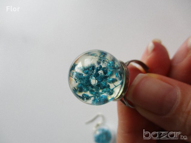 Комплект стъклени обеци и пръстен с цветя, снимка 7 - Обеци - 16315643