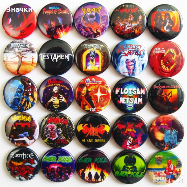 Значки на Testament Overkill Dark Angel Whiplash Violator Bulldozer Flotsam & Jetsаm и други, снимка 1