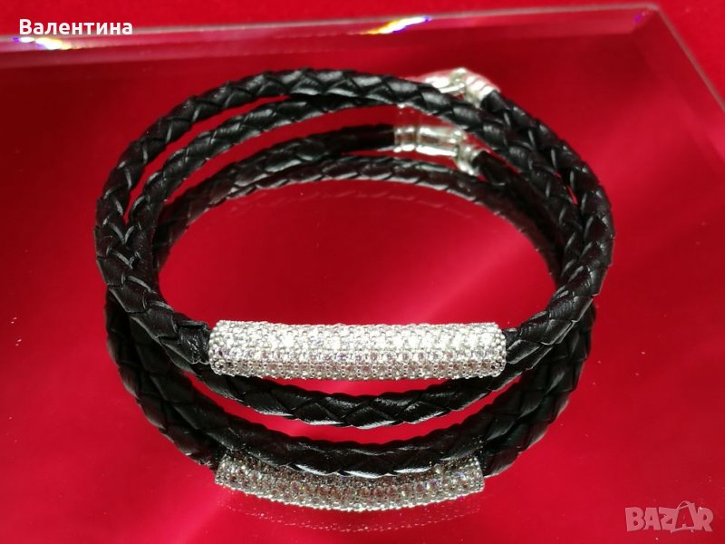 Лусксозна дамска 2 в 1 черна двойна кожена гривна/ гердан със сребърен елемент и цирконий + ПОДАРЪК, снимка 1